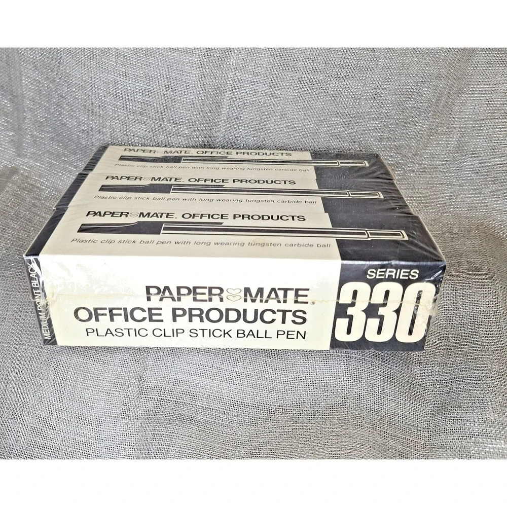 3 Sealed Boxes '80s Paper Mate 330 Plastic Clip Stick Ball Pens 333-11 Med Black
